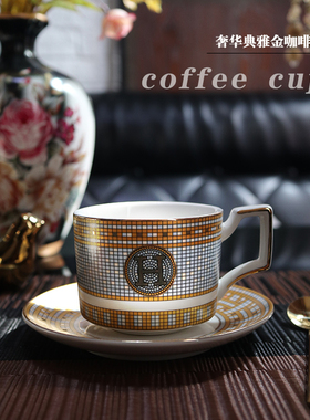 欧式金色马赛克咖啡杯碟套装奢华家用陶瓷杯碟勺带杯架轻奢复古风