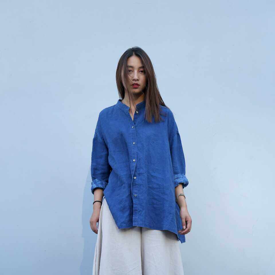 野生态亚麻衬衫植物靛蓝染休闲禅意女衬衣旅居小众松弛感女款衬衫