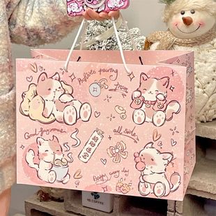 ins高颜值少女心发财小猫礼品袋大容量白卡纸加厚精美礼物收纳袋