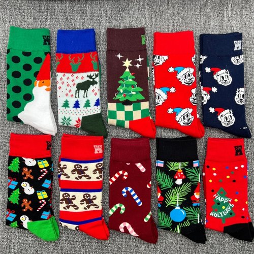happy圣诞款女纯棉中筒喜庆袜子