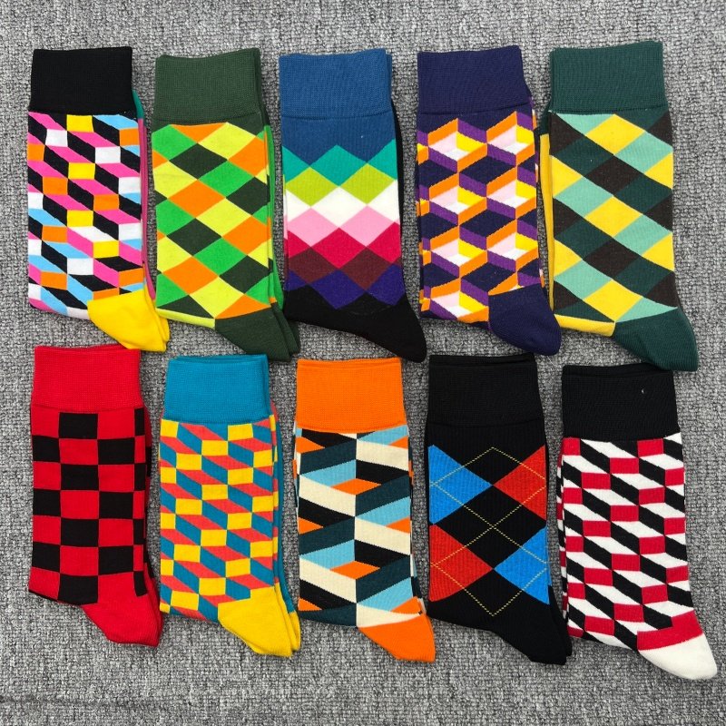 happysocks男士袜子瑞典潮牌几何图案纯棉中筒袜复古大码彩色潮袜