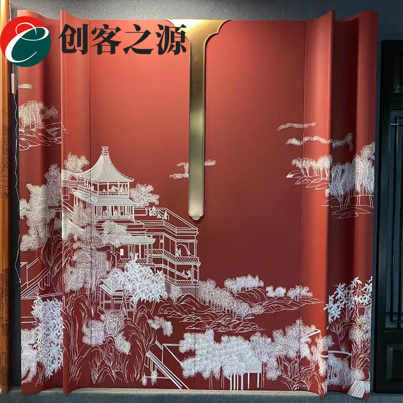 宋式东方美学弧形刺绣硬包背景墙