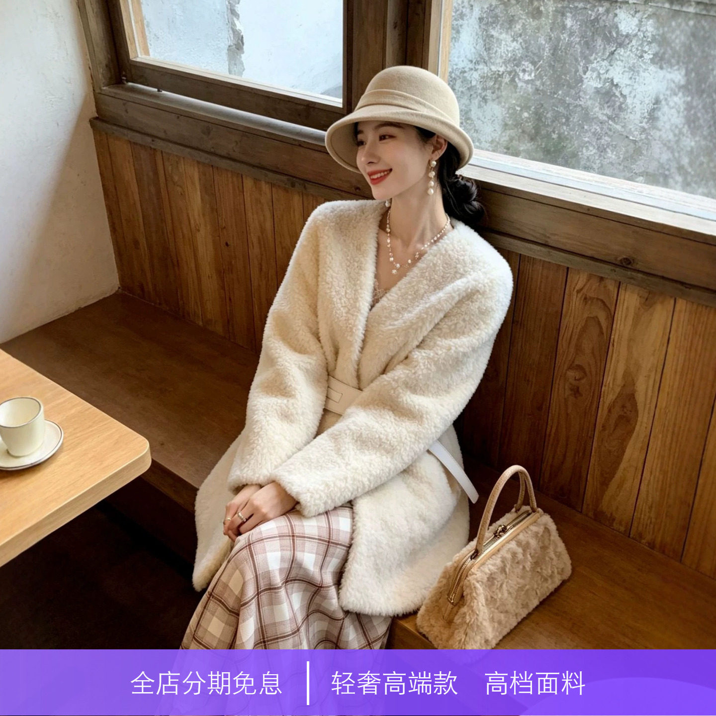 【星月告白】100羊毛皮毛一体外套女腰带V领中长款羊羔毛皮草大衣