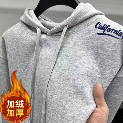 美式重磅加绒连帽卫衣男款秋冬cleanfit印花休闲内搭长袖打底衫