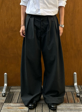 PL日系复古设计纽扣排扣休闲西裤男女潮牌宽松阔腿垂感拖地长裤