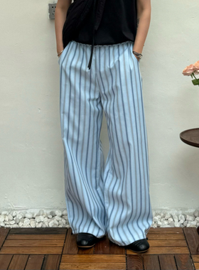 PL韩系老钱风复古条纹休闲裤男女潮牌宽松慵懒风阔腿直筒透气裤子
