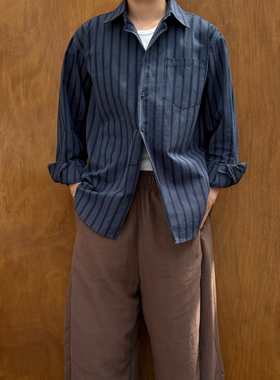 PL日系复古竖条纹翻领长袖衬衫男女潮牌宽松休闲高密度纯棉衬衣