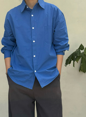 Point lamp日系复古包豪斯蓝长袖衬衫男潮牌宽松休闲翻领质感衬衣