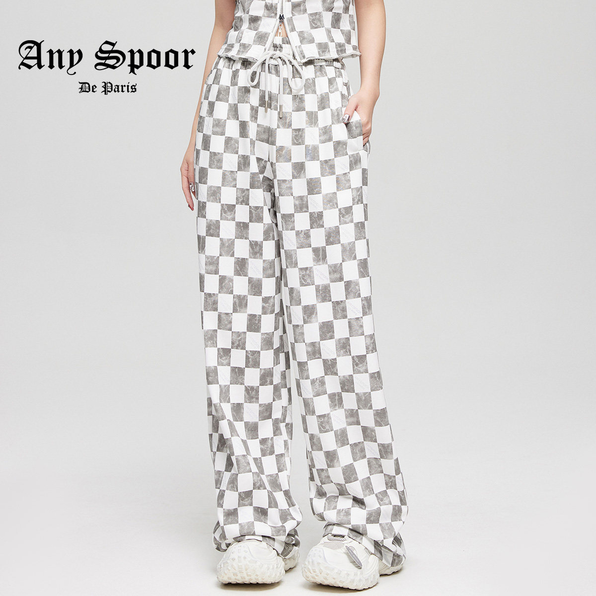 AnySpoor阔腿裤针织裤2025夏季新款女装黑白格休闲裤宽松直筒裤子
