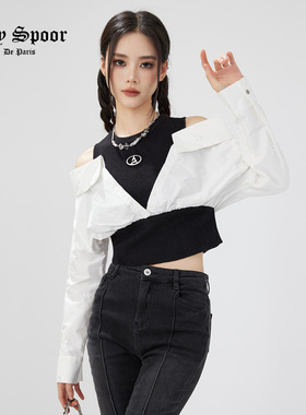 【ANY SPOOR】秋季新款拼接时尚针织长袖简约休闲套头毛衫83C533