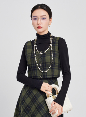 鲁思蒂小香风格子吊带背心马甲2024新款女秋冬季气质外穿短款马夹