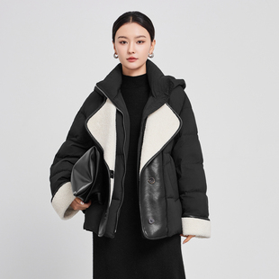 鲁思蒂黑色羽绒服2024新款女冬季时尚宽松保暖白鸭绒连帽皮质外套