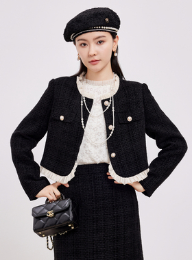 鲁思蒂黑色小香风外套2024新款女春秋休闲时尚小个子短款开衫上衣