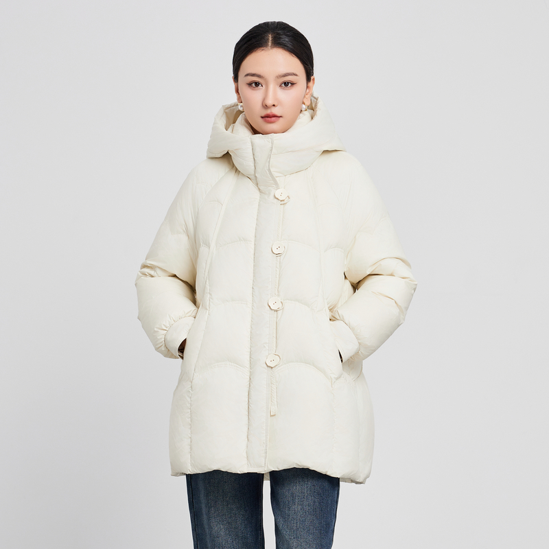 鲁思蒂中长款连帽羽绒服白鸭绒