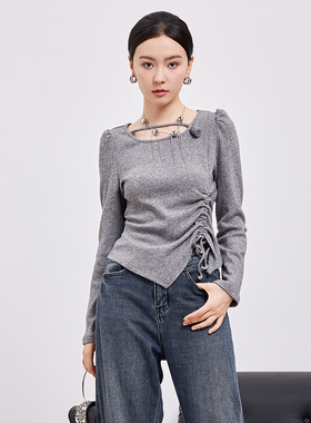鲁思蒂长袖T恤2024新款女春秋休闲时尚显瘦设计感小众不规则上衣