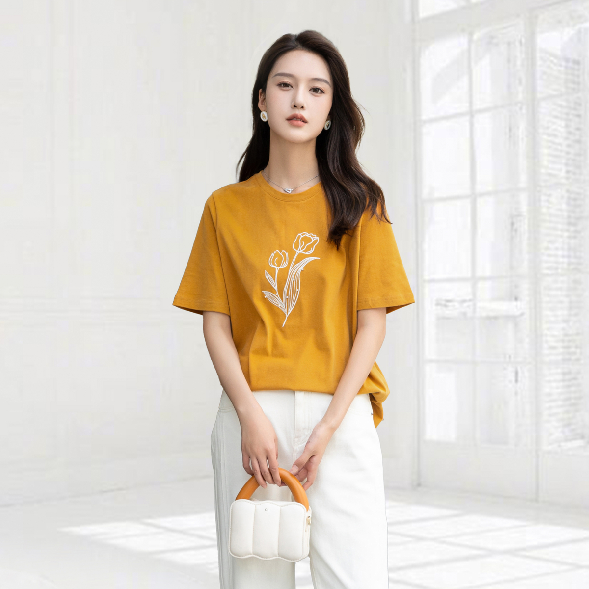 Lucidy/鲁思蒂短袖t恤女2024新款早秋季印花圆领体恤纯棉显瘦上衣