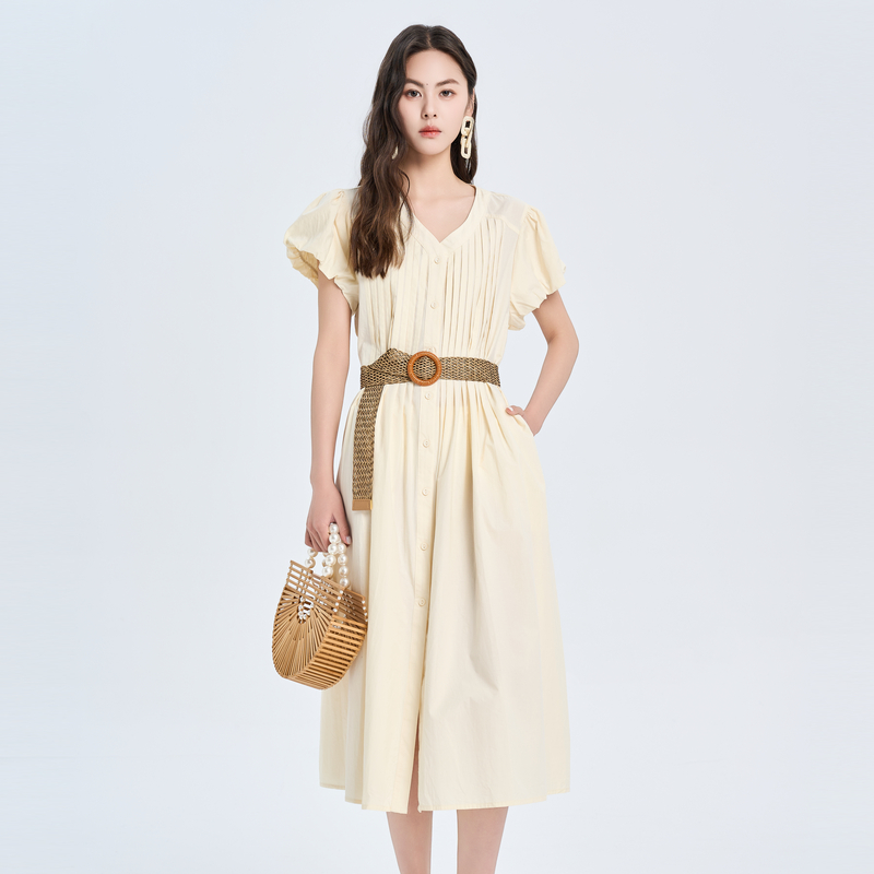 鲁思蒂短袖连衣裙女2025新款夏季气质时尚显瘦V领长款开衫裙子