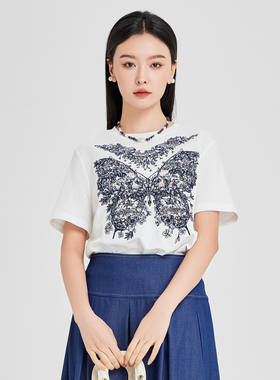 Lucidy/鲁思蒂短袖刺绣T恤2025新款女夏圆领体恤上衣TX03AE56227