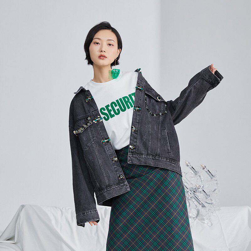 lucidy/鲁思蒂2023春新品通勤简约单排扣牛仔外套长袖休闲上衣ins