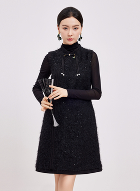 鲁思蒂新中式无袖背心连衣裙2026新款女春秋气质显瘦黑色国风裙子