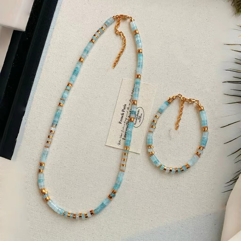 彩色天然石海蓝宝手工串珠项链女轻奢小众新中式碧玉石锁骨