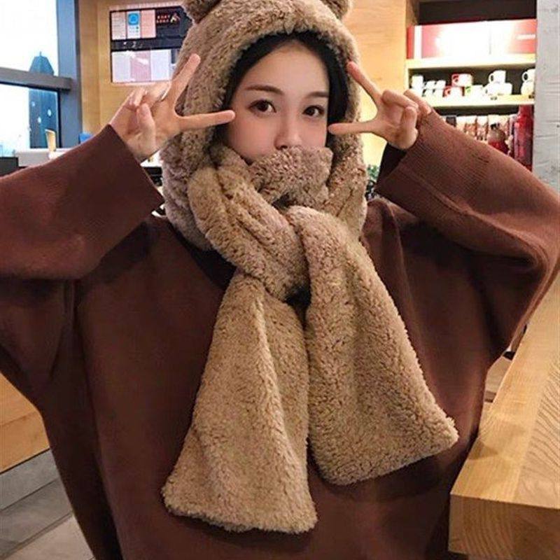 男女绒围脖连体仿羔学生女帽围巾冬耳朵百搭小熊可爱加厚韩版保暖,服饰配件/皮带/帽子/围巾,二件套,淘宝优惠券,粉丝福利购,淘宝优惠卷