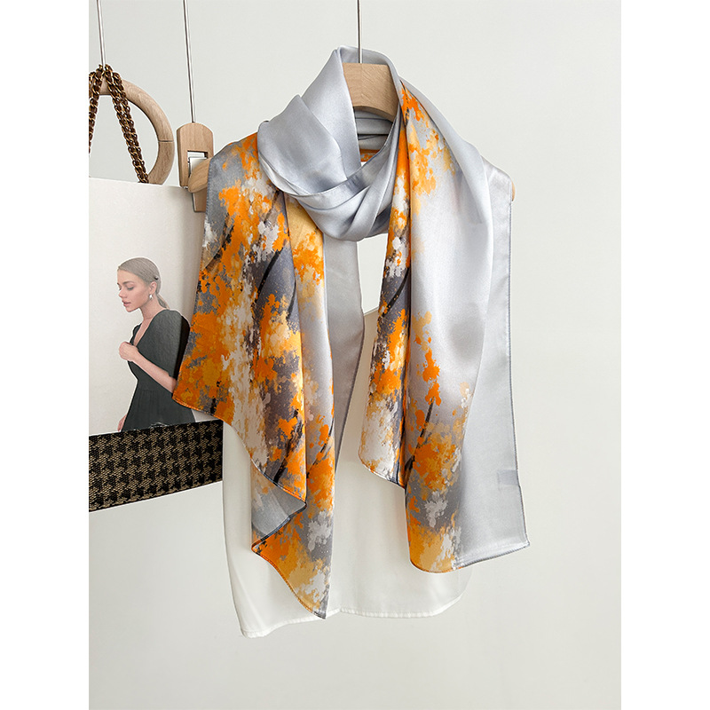 秋季新款桑蚕丝丝巾气质落叶印花高档真丝丝巾百搭素绉缎真丝围巾