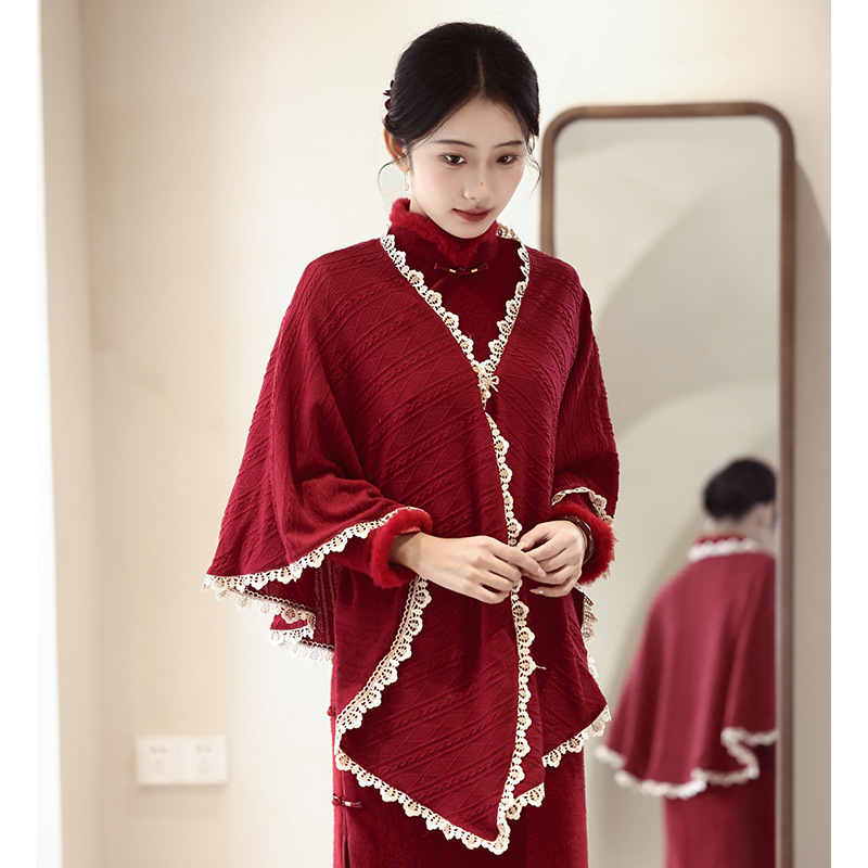 红色敬酒服旗袍女新娘结婚披肩斗篷百搭针织开衫外搭春秋2025新款