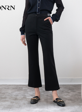HONRN/红人黑色裤子修身垂感直筒九分微喇休闲裤女春秋HH11OK812