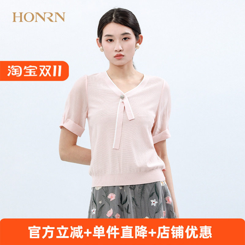 HONRN/红人休闲粉色v领带领结薄款短袖套头针织衫上衣t恤女夏季
