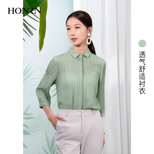 日系通勤褶皱肌理女长袖衬衫