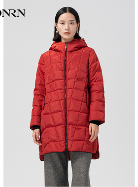 HONRN/红人红色连帽显瘦白鸭绒羽绒服外套女冬季中长款HG55YR027