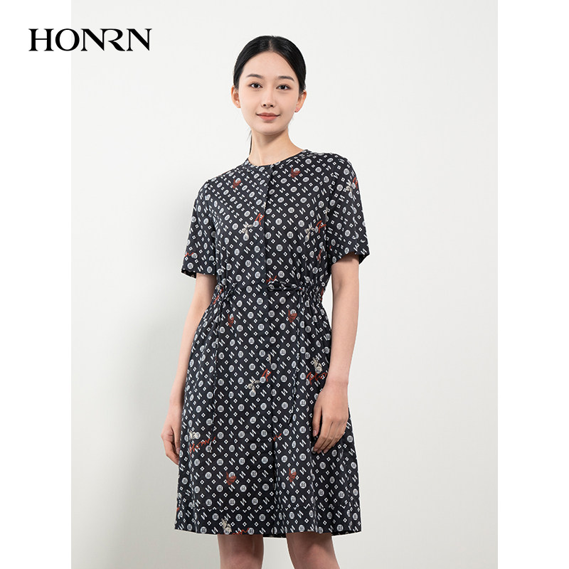 HONRN红人专柜正品夏季女装黑色收腰印花连衣裙商场同款HH22OL771