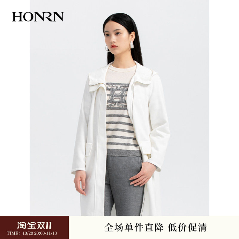 HONRN连帽廓形风衣女中长款白色通勤外套长袖百搭款女装HH33OS368