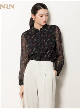 HONRN/红人春秋宽松黑色印花长袖衬衫女上衣设计感小众HG11OC162