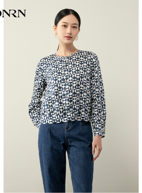 HONRN/红人蓝色长袖宽松套头桑蚕丝真丝衬衫上衣女春秋HH11SY348