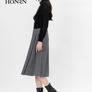 HONRN/红人灰色毛呢裙子格子针织a字半身裙女中长秋冬款断码打折