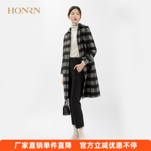 HONRN/红人复古方领羊毛呢子大衣女冬中长款千鸟格纹宽松直筒外套