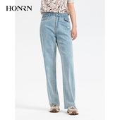 HONRN 女秋HH33OK477 侧口袋牛仔裤 红人通勤风直筒长款 显瘦修身