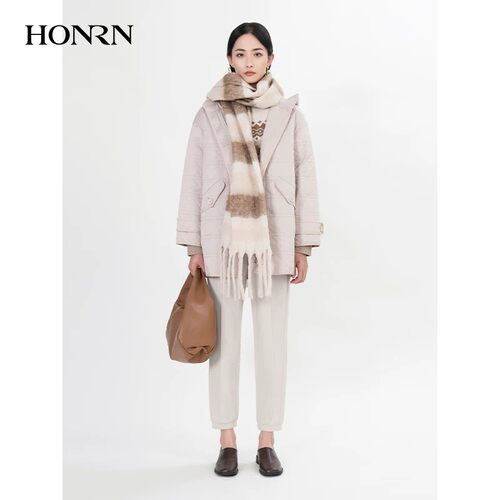 红人菱格连帽中长款冬季棉服女