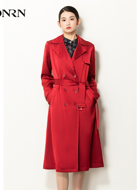 HONRN/红人秋季红色西装领细带收腰修身显瘦风衣外套女HG33OF002