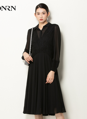 HONRN/红人气质长袖修身显瘦黑色针织拼接连衣裙女HH11OL458