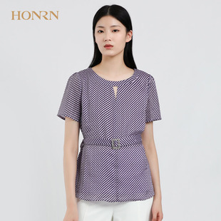 HONRN/红人修身条纹雪纺短袖印花收腰衬衫上衣女夏季圆领显瘦衬衣