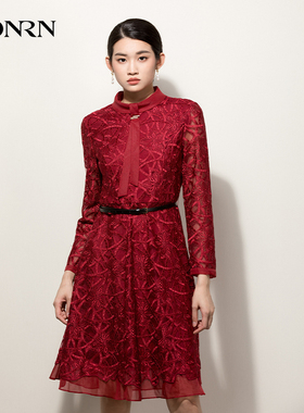 HONRN/红人红色洋气轻奢减龄显瘦蕾丝腰带场合连衣裙女HG33OL984