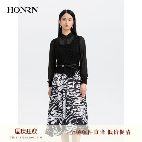 HONRN/红人a字假两件连衣裙