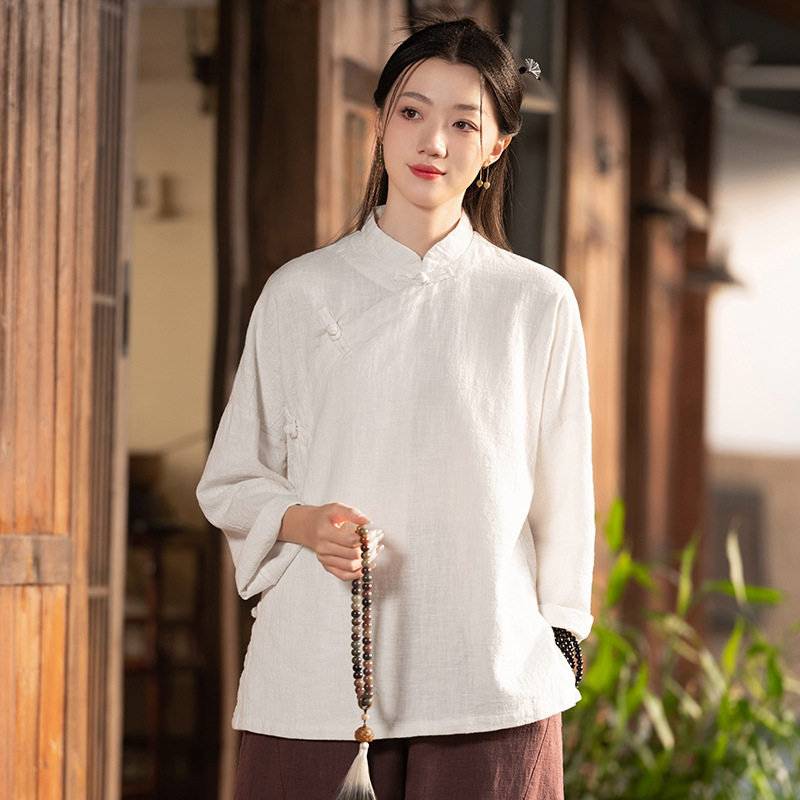新中式25春棉麻中式女装复古立领棉麻盘扣上衣衬衫女式亚麻砂洗禅