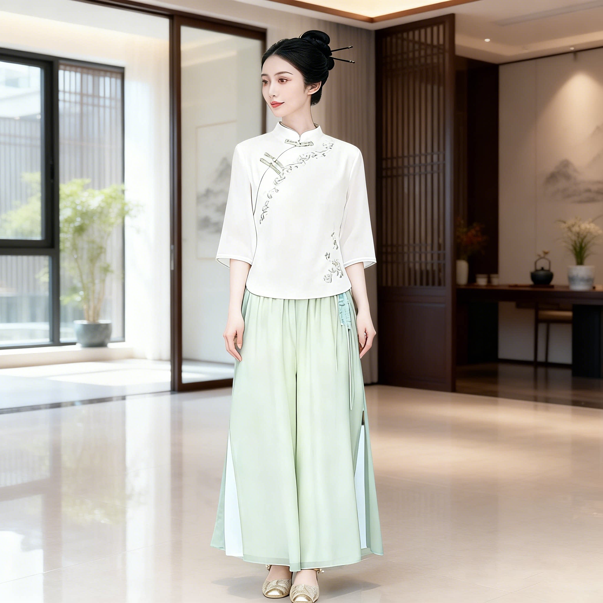 中式国风夏季白色雪纺茶服女养生馆工作服刺绣立领修身茶艺师上衣