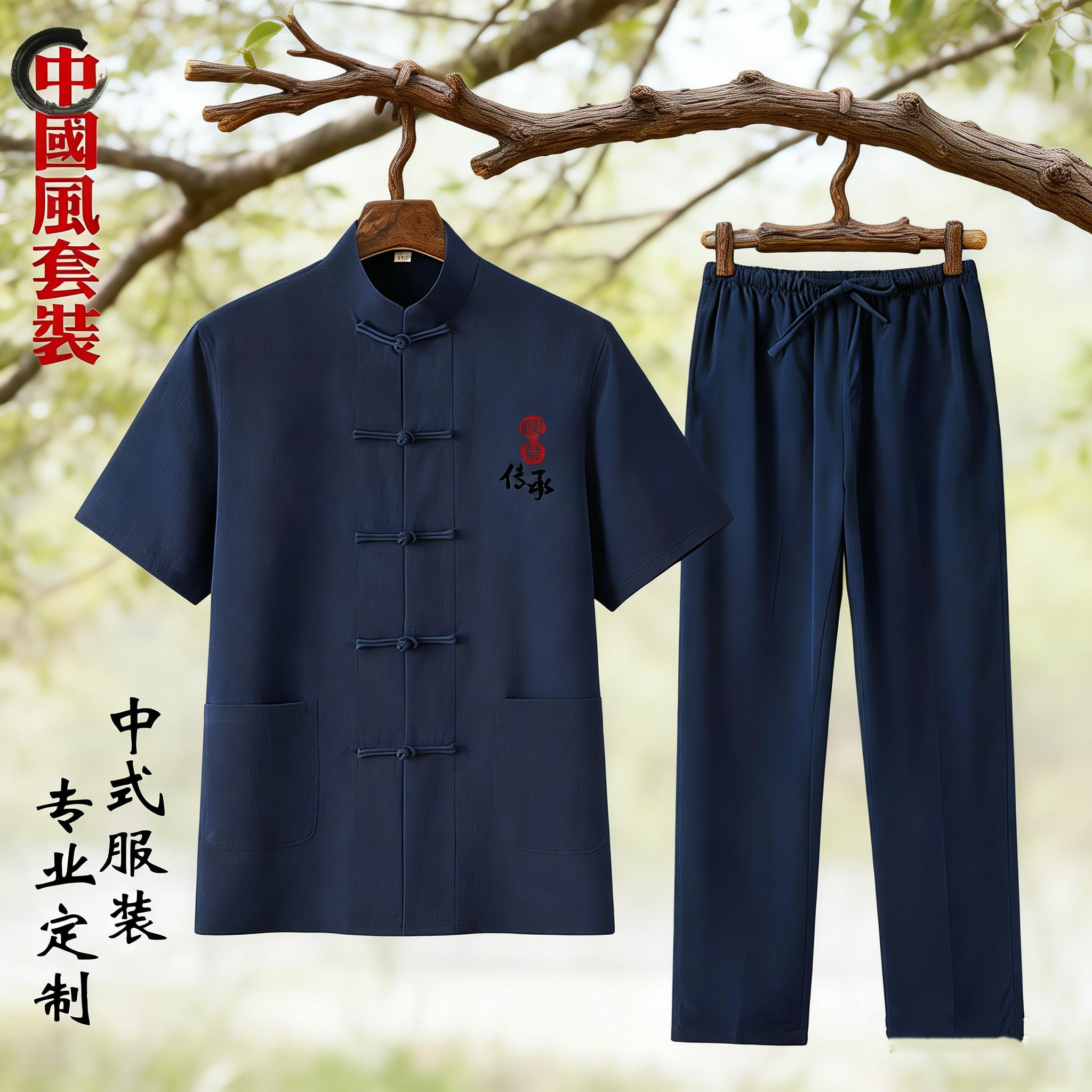 中国风中医养生馆工作服男亚麻防皱唐装套装立领盘扣养生馆技师服