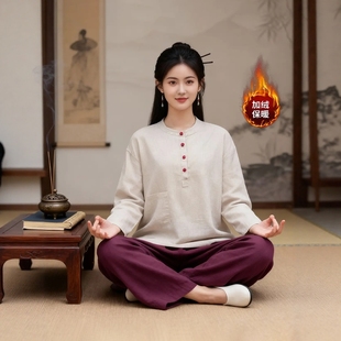 打坐居士服女款加绒加厚棉麻禅意佛系女装寺庙修行素衣禅茶服套装