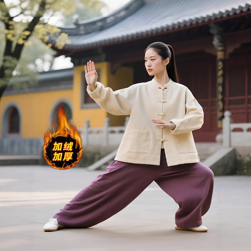 日常可穿居士太极服女2025新款秋冬加绒中式棉麻八段锦练功服套装